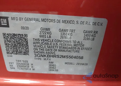 2021 Chevrolet Blazer Awd 2Lt из США, поврежденный, VIN 3GNKBHRS2MS504058